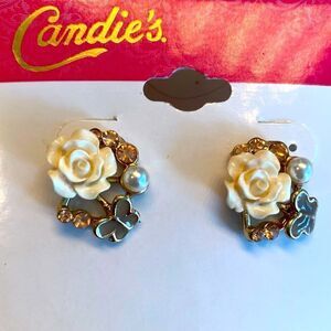 New Candies White Rose Pierced Earrings, 3/4” length, designed with small pearl